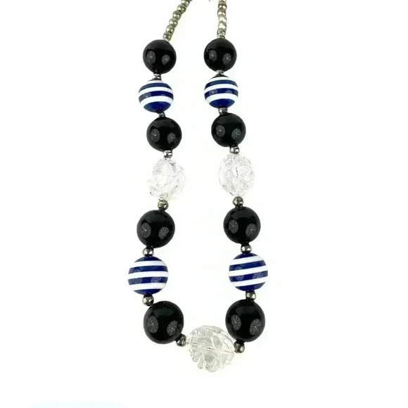 Round Chunky Big Lucite Bead Necklace Blue Black Clear Floral Design Silver Tone - Picture 2 of 8